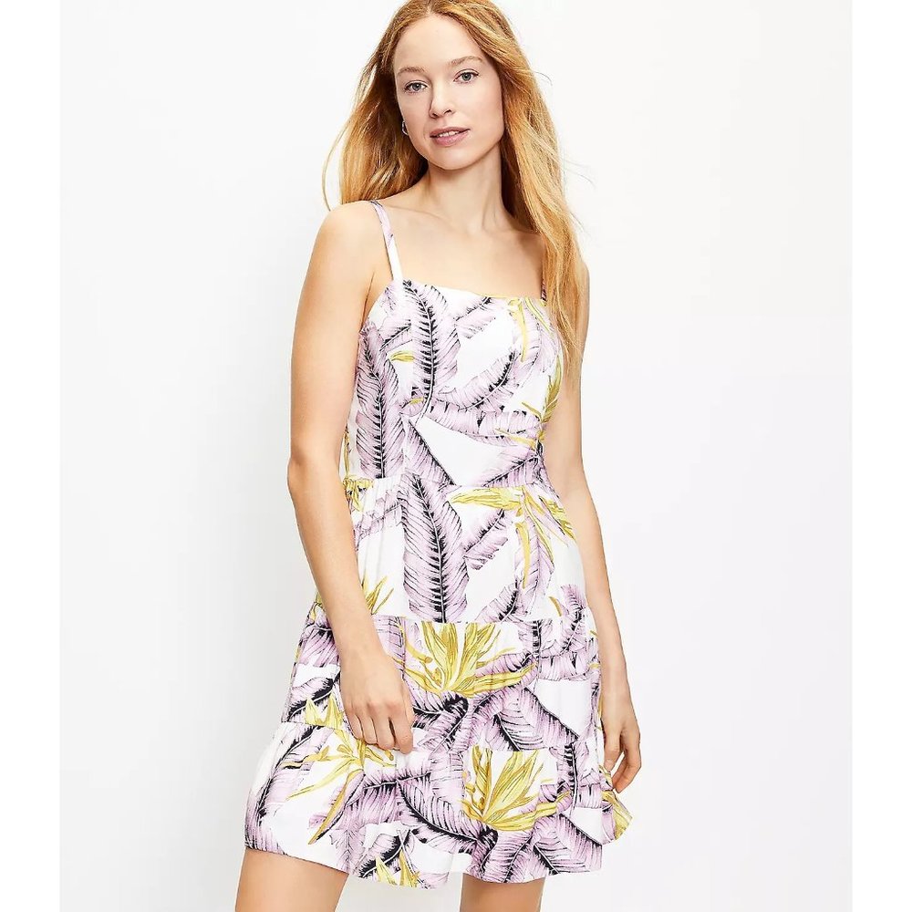 LOFT Pink and Yellow Leaf Print Mini Dress